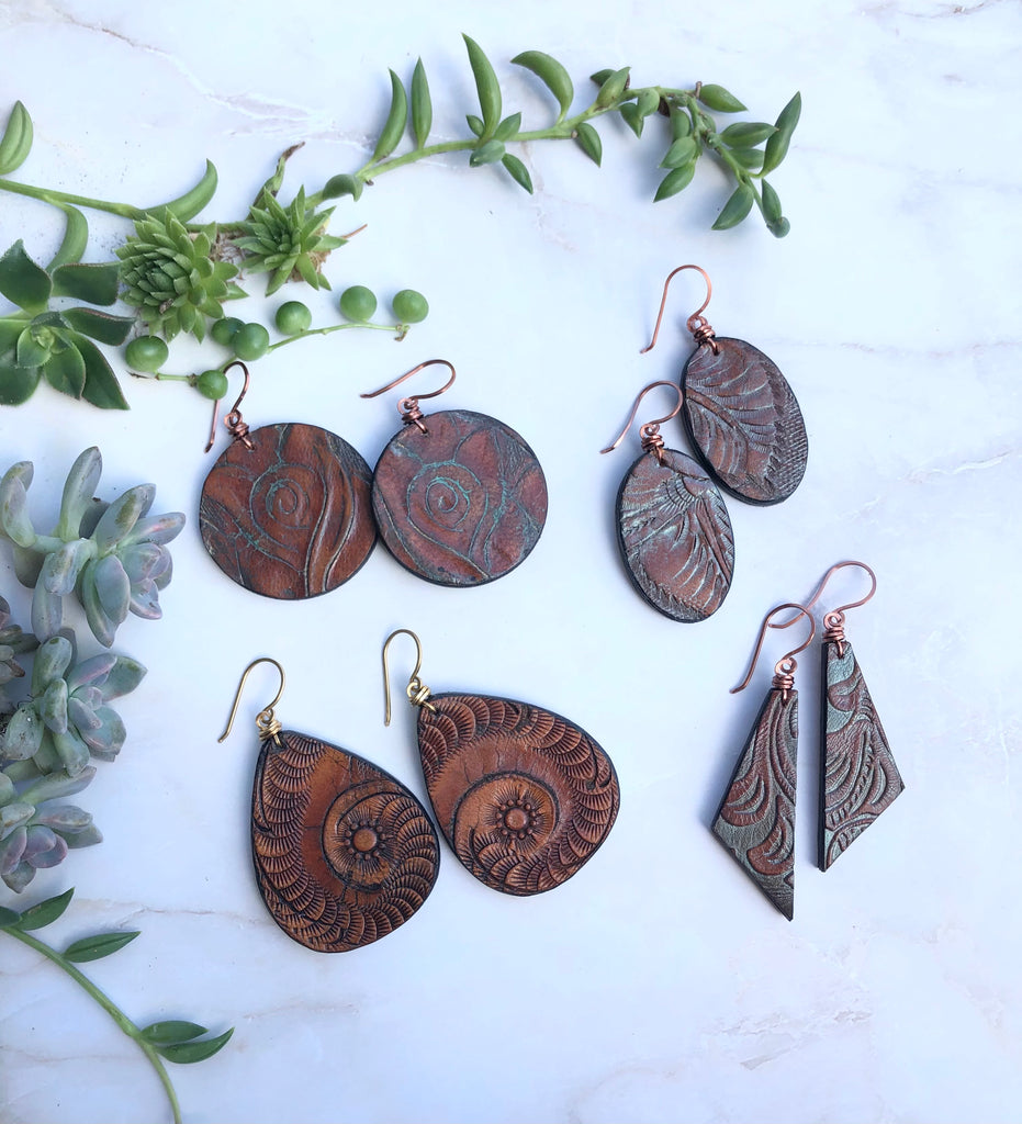 Leather Karma Earrings - Vintage Hand-Tooled