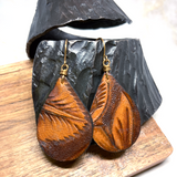 Leather karma earrings - vintage hand-tooled & bronze