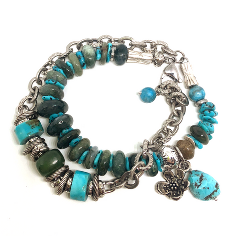 Turquoise, jade & moss agate double wrap bracelet
